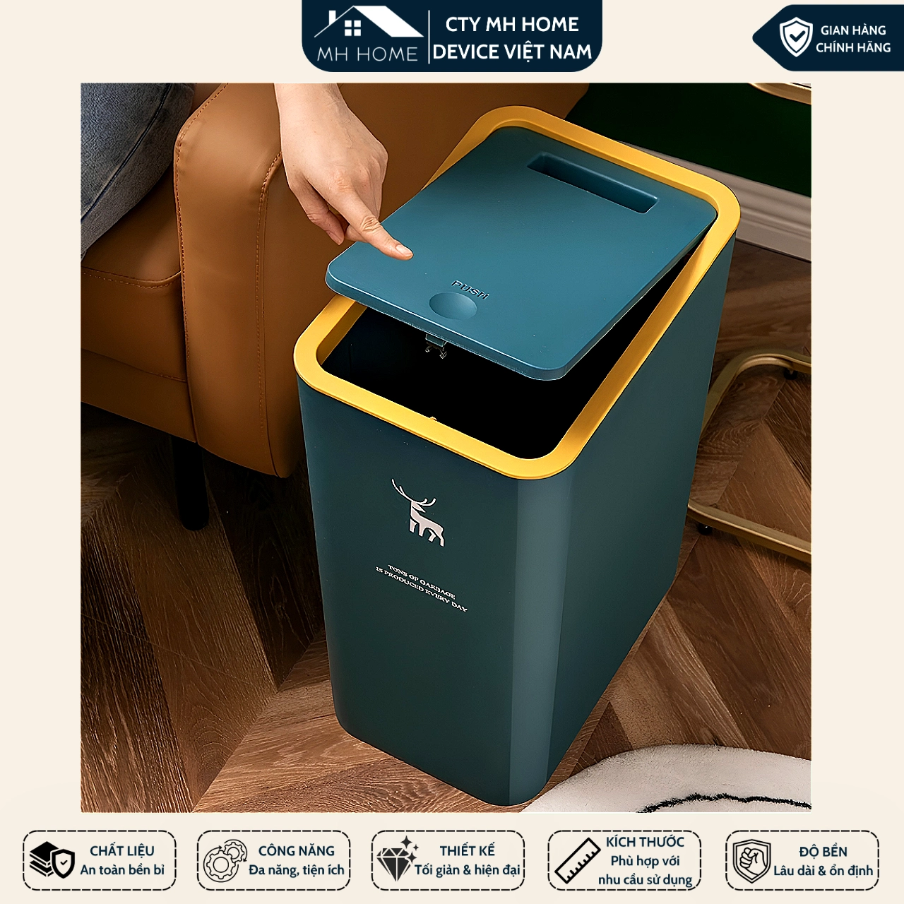 Thùng Rác 15L Nắp Bật Hình Hươu Nhựa PP Cao Cấp, Thiết Kế Nhấn Nút Tiện Lợi, Nhỏ Gọn Tiết Kiệm Không Gian Cho Gia Đình